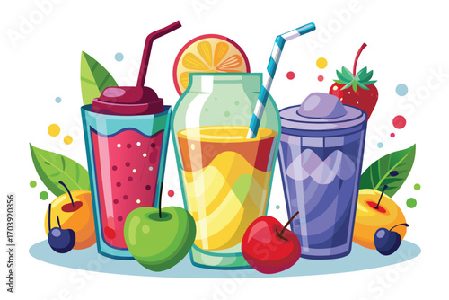 Colorful Fruit Smoothies and Juices Featuring Oranges Apples Strawberries and Limes with Vibrant Leaves and Artistic Accents