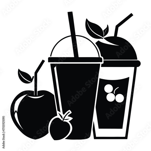 Black and White Fruit Smoothies and Juices Featuring Oranges, Apples, Strawberries, and Limes with Leaves and Artistic Accents
