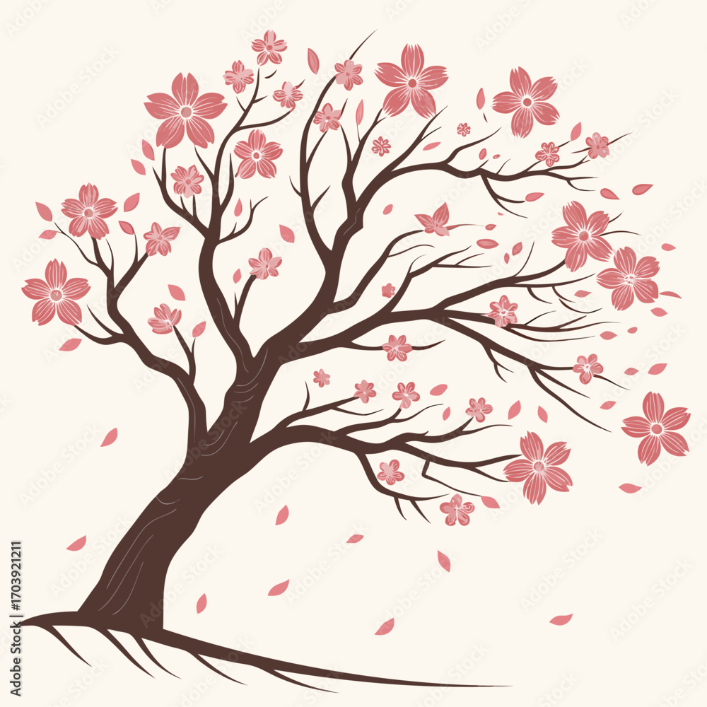 Fototapeta premium Cherry Blossom Tree Illustration with Pink Flowers and Bare Branches