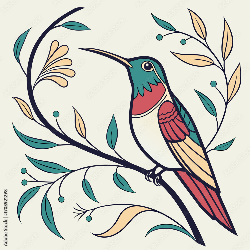 Obraz premium Hummingbird with Botanical Elements Illustration