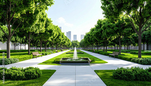 Wallpaper Mural Serene city park pathway with fountain, lush greenery, and distant skyscrapers. Torontodigital.ca