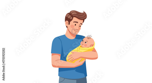 Vector Illustration of Father Holding Baby in Yellow Onesie with Gentle Expression and Bonding Moment