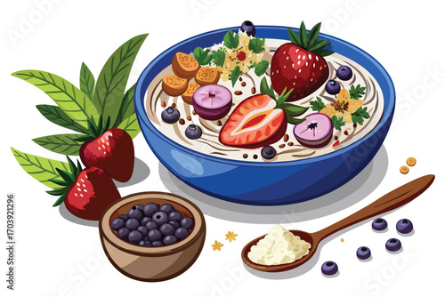 Whimsical Fruit Bowl Illustration Abundant with Berries, Strawberries, Kiwi and Creamy Topping, Creating a Delicious and Colorful Vegan Treat