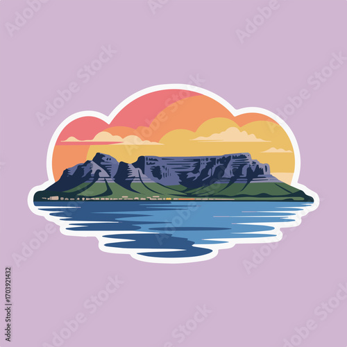 Table mountain sticker illustration with ocean, sun, and clouds, showcasing the iconic landmark of cape town and its scenic coastal setting in a minimalist style