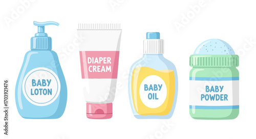 Vector of Baby Lotion, Diaper Cream, Baby Oil, and Powder Bottles for Infant Skincare
