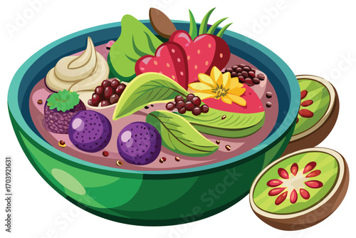Whimsical Fruit Bowl Illustration Abundant with Berries, Strawberries, Kiwi and Creamy Topping, Creating a Delicious and Colorful Vegan Treat