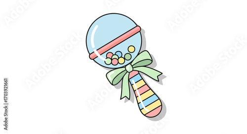 Vector Illustration of Colorful Baby Rattle with Multicolored Balls, Pastel Handle, and Green Bow
