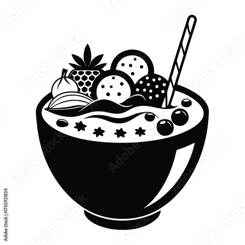 Stylized Illustration of a Delicious Bowl of Soup with Toppings and Spoon A Culinary Delight