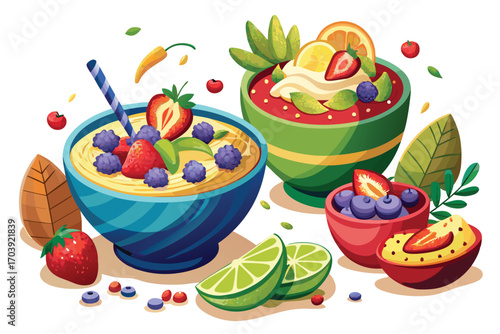Vibrant Smoothie Bowls Bursting with Fresh Fruit and Tropical Flavors on a Wooden Serving Board