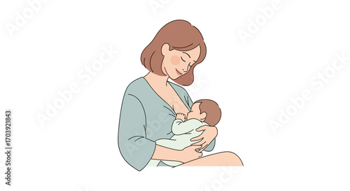 Vector Illustration of Mother Breastfeeding Baby in Seated Position, Depicting Nurturing and Infant Care