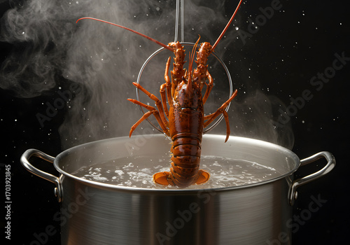  A live lobster being boiled