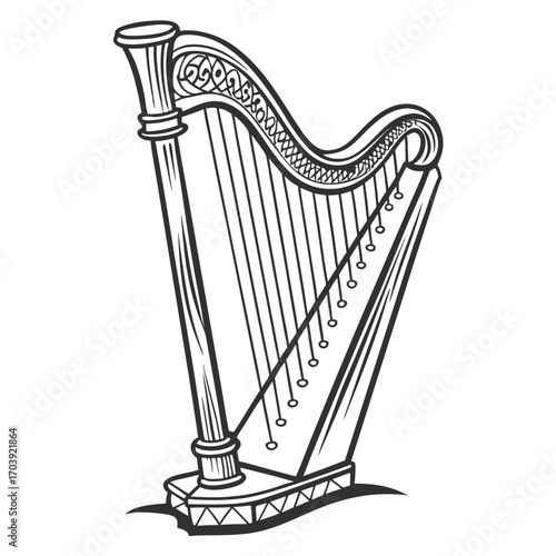 Illustration of an Elegant Harp with Intricate Details