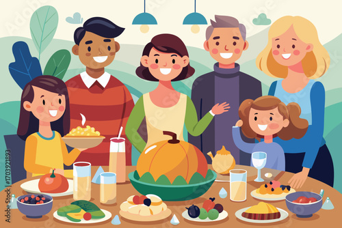 Vector art of cheerful family celebrating thanksgiving day together at home with delicious food on the table indoors