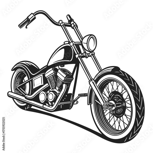 Classic american chopper motorcycle in black and white line art style isolated on white background