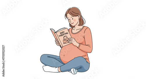 Vector Illustration of Pregnant Person Reading Marketing Book While Seated in Loose Dress
