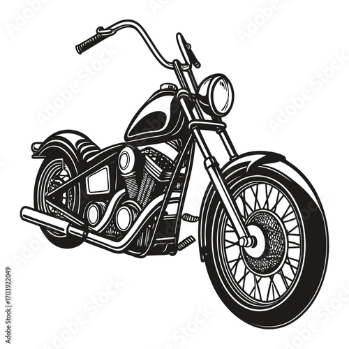 Classic american chopper motorcycle side view black and white illustration for customization and design projects