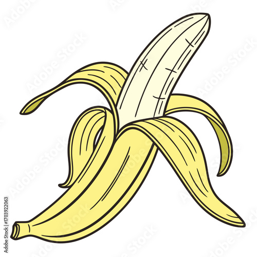 Cartoon Banana Illustration with Peeled Skin in Yellow