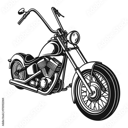 Classic chopper motorcycle with chrome details and a powerful engine rendered in a bold black and white illustration style on a clean white background