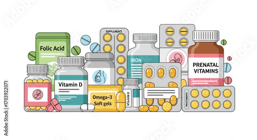 Vector Illustration of Pregnancy Medication and Supplement Bottles with Capsules, Tablets, and Blister Packs