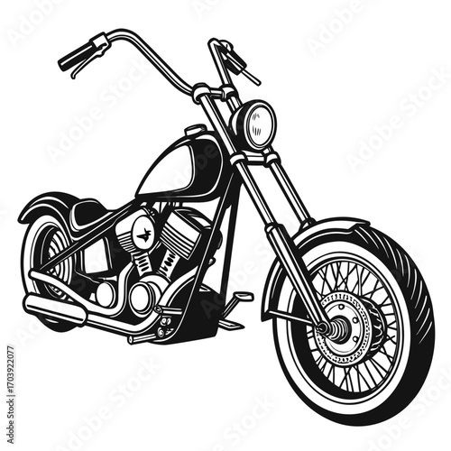Classic american chopper motorcycle silhouette with spoked wheels and detailed engine in black and white vector art
