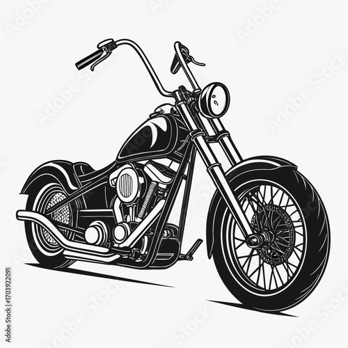Classic chopper motorcycle illustration in black and white with detailed engine and spoked wheels