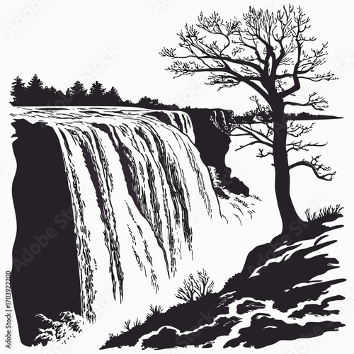 Dramatic black and white illustration of a powerful waterfall cascading over a cliff edge with a silhouetted bare tree standing guard on the rocky bank