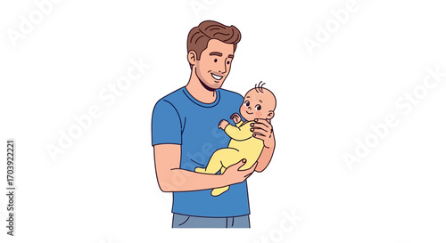 Vector Illustration of Father Holding Baby in Yellow Onesie with Gentle Expression and Bonding Moment