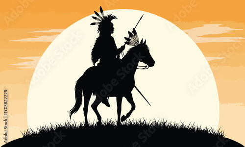 Silhouette of native american on horseback with spear against a sunset and grassy foreground