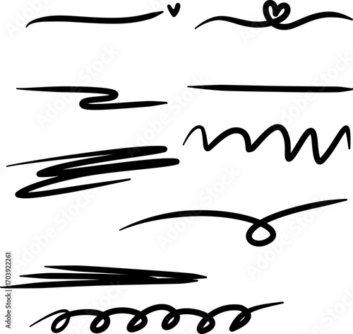 Set of hand drawn pen doodle, scribble, line. Vector illustration design for divider, underline, border, page end decoration, frame