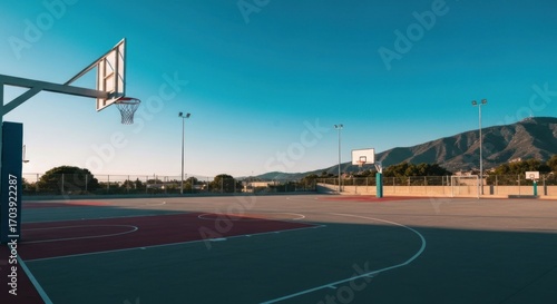 Empty outdoor basketball court under a clear blue sky
