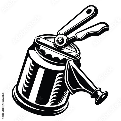Detailed Black and White Illustration of a Hand Cranked Machine Part Depicting Industrial Design and Mechanical Engineering