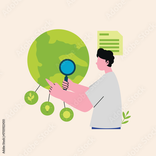 Man examining global sustainability initiatives with magnifying glass.
