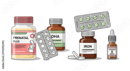 Vector Illustration of Pregnancy Medication and Supplement Bottles with Capsules, Tablets, and Blister Packs