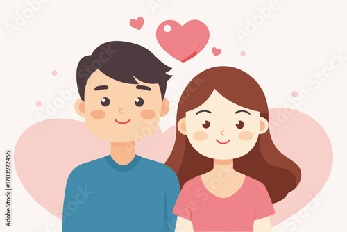 Vector art of cute couple in love with hearts floating above their heads, expressing their affection and happiness on a light background