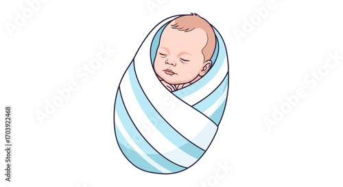 Vector Illustration of Sleeping Baby Wrapped in Blue and White Striped Swaddle Blanket