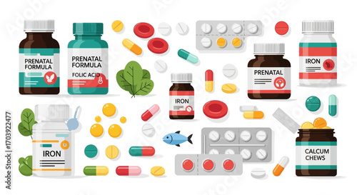 Vector Illustration of Pregnancy Medication and Supplement Bottles with Capsules, Tablets, and Blister Packs