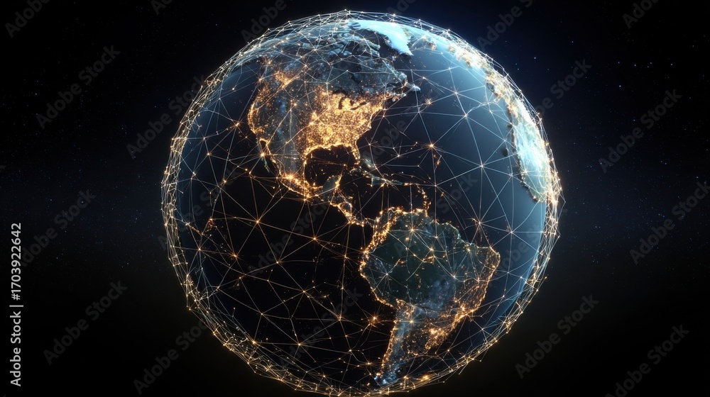 Naklejka premium A digital globe displays illuminated continents with vibrant city lights concentrated across North and South America, showcasing a network of interconnectedness at night.