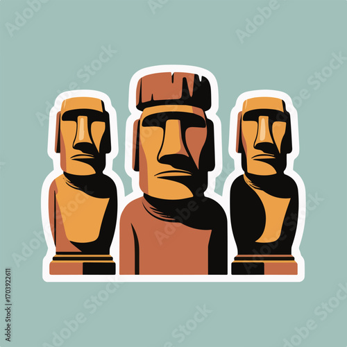 A captivating sticker illustration of the iconic moai statues of easter island, showcasing their unique design against a soft blue backdrop, sticker style