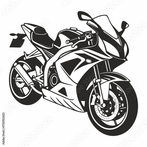 Sleek black and white illustration of a modern sport motorcycle from a three quarter front angle on a white background