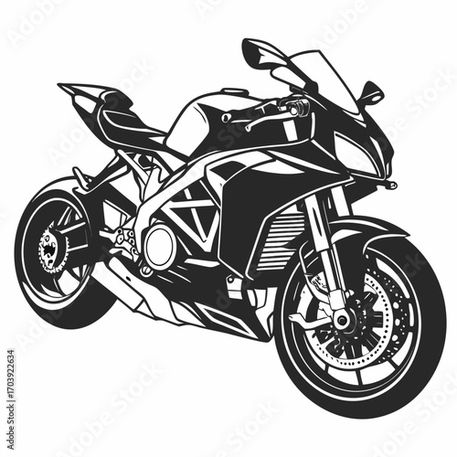 Sleek modern sport motorcycle rendered in a bold black and white graphic illustration style