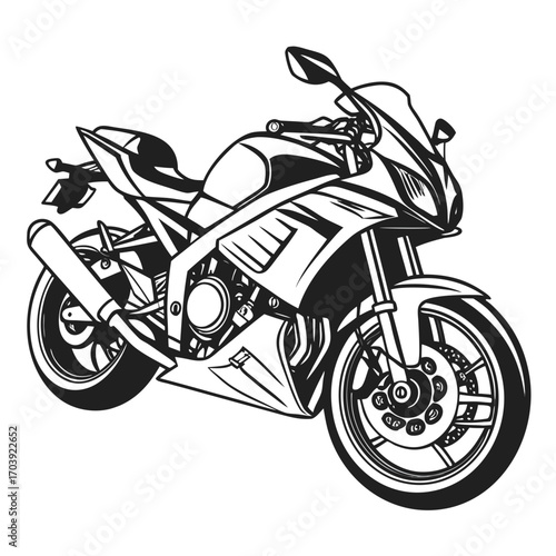 Sleek black and white line art illustration of a modern sport motorcycle viewed from the side with a white background
