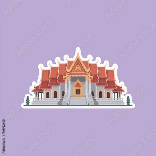 The iconic wat benchamabophit temple in bangkok, thailand, is depicted in a flat vector sticker style, showcasing its unique architecture and cultural significance