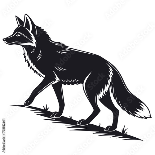 Stylized silhouette of a fox walking gracefully across a grassy hillside in a black and white illustration