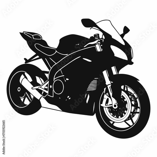 Sleek black silhouette of a modern sport motorcycle with aerodynamic fairings and racing wheels isolated on a white background