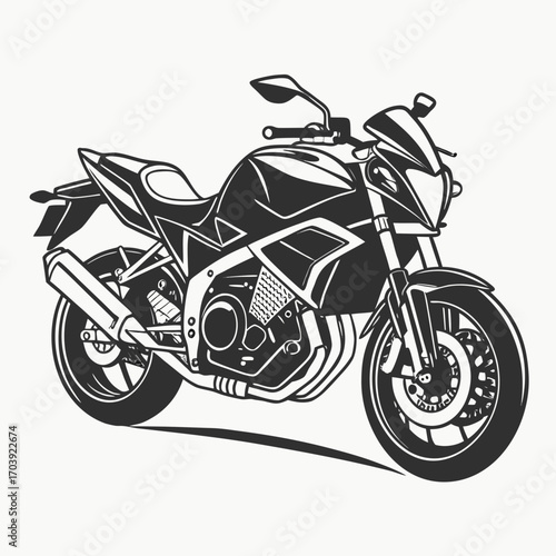 Dynamic black and white illustration of a modern sport motorcycle in motion on a white background