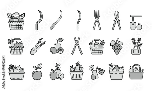 A set of monochrome line icons depicting gardening tools and fresh fruit harvests, perfect for websites, apps, or educational materials related to farming, agriculture, healthy eating, and