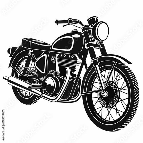 Classic vintage motorcycle silhouette in black and white with spoked wheels and exhaust pipe
