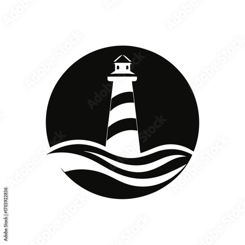 Lighthouse on waves in circle on transparent background silhouette