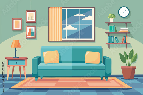 Vector art of cozy living room interior with sofa, window, and decorations creating a relaxing and inviting atmosphere for residents