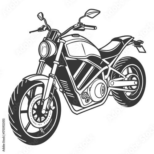 A detailed black and white illustration of a modern motorcycle viewed from the front three quarter angle with a white background